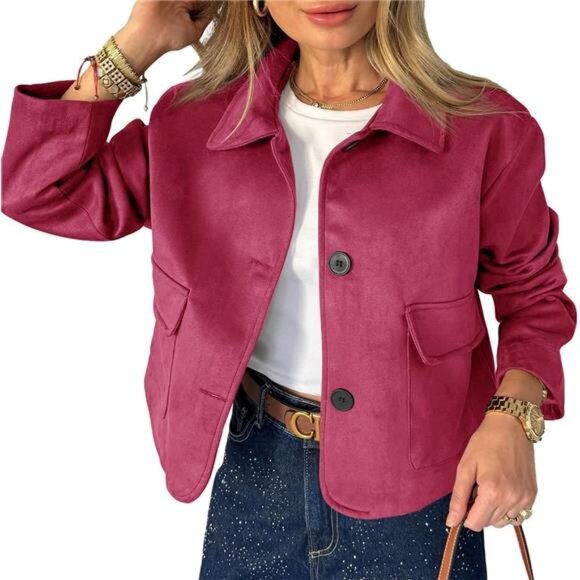 Womens Faux Suede Leather Jackets Casual Rose Pink - Main Image